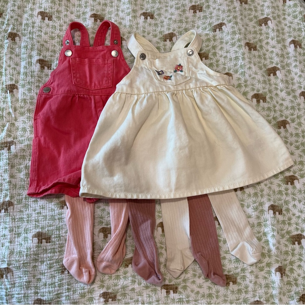 H&M baby bundle denim overall shorts and dress and tights 6M